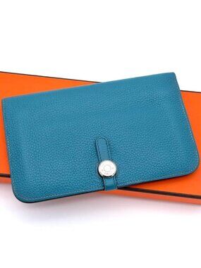 Hermes Bifold Wallet Dogon GM Togo Light Blue Silver